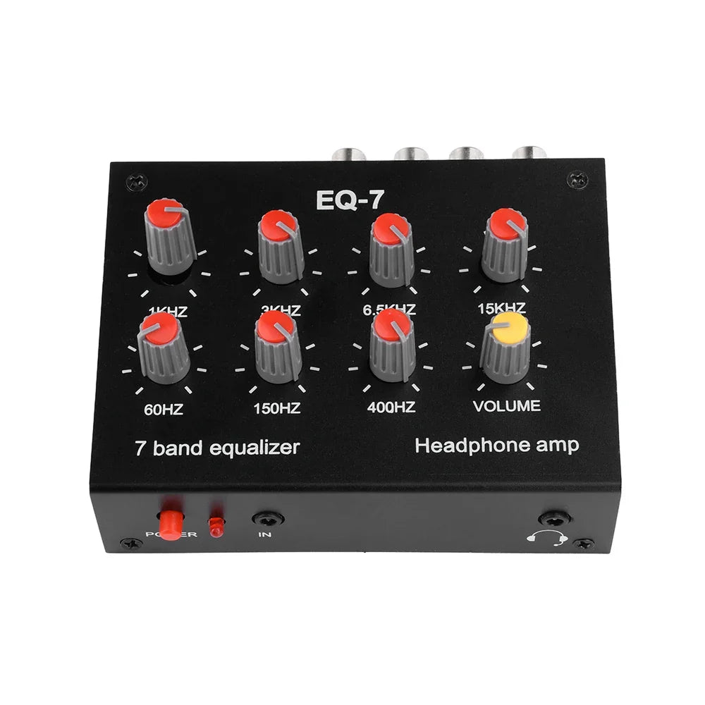 Black eq-7 7-band audio signal preamplifier with red and yellow knobs for band equalizer adjust and computer headphone amplifier use
