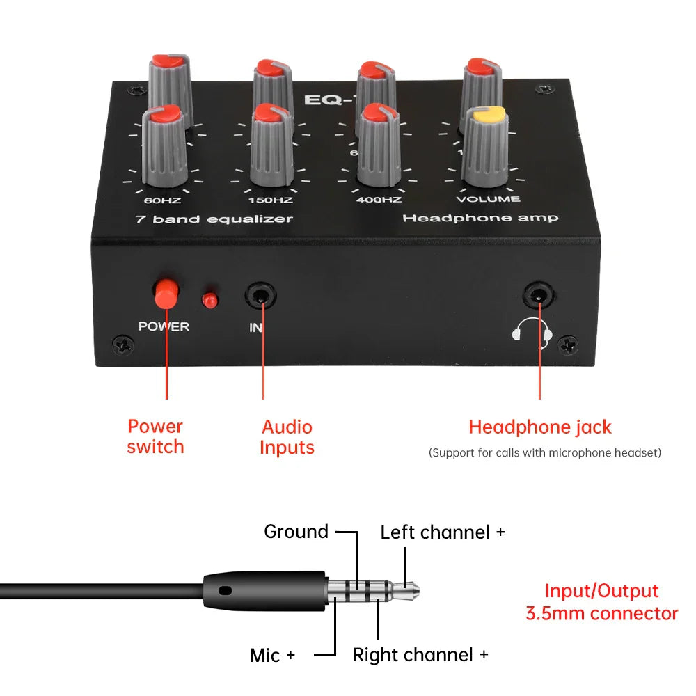 Black 7-band audio signal preamplifier with gray knobs and red accents for band equalizer adjust and computer headphone amplifier