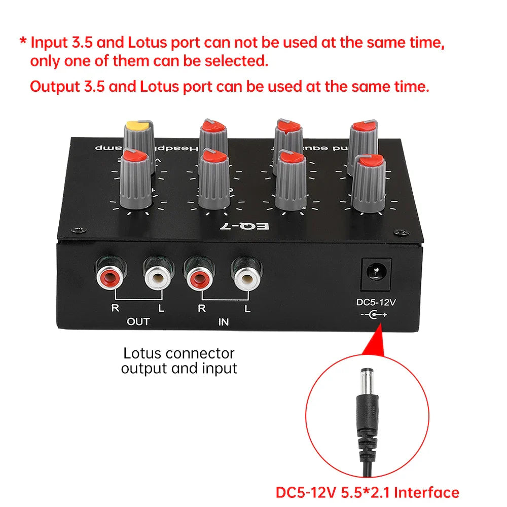 Black eq-7 audio signal preamplifier with band equalizer adjust gray knobs red white rca jacks and dc5-12v input for computer headphone amplifier