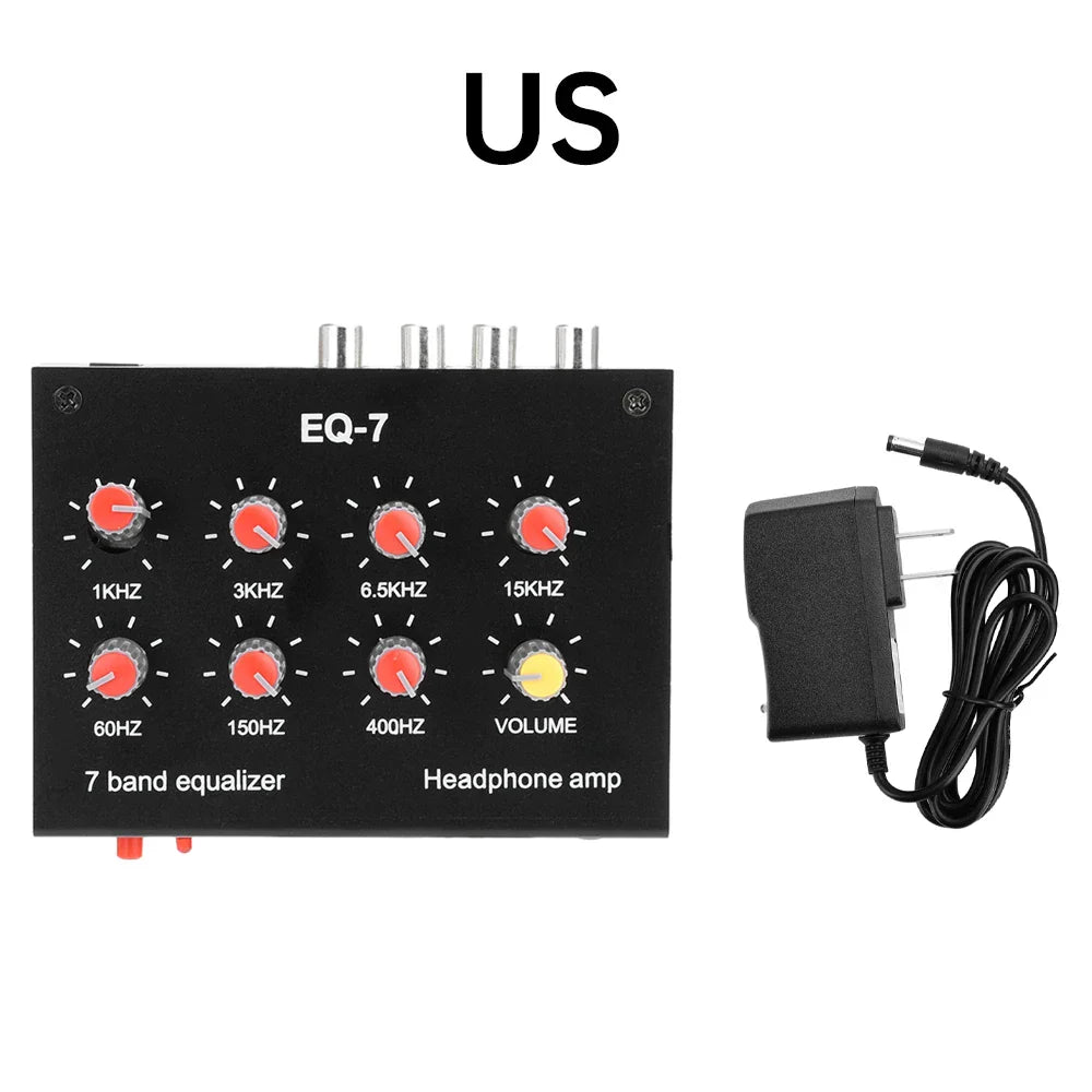 Black eq-7 7-band audio signal preamplifier with red and yellow knobs for band equalizer adjust in computer headphone amplifier