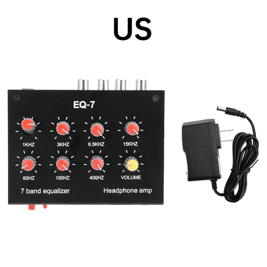 Black eq-7 7-band audio signal preamplifier with red and yellow knobs for band equalizer adjust in computer headphone amplifier