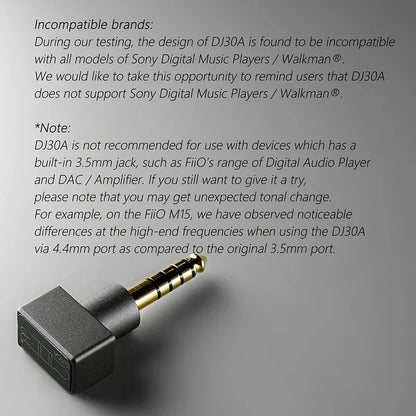 Black ddhifi dj30a adapter with gold-plated 3.5mm female to 4.4mm male for earphone cable type beat music use