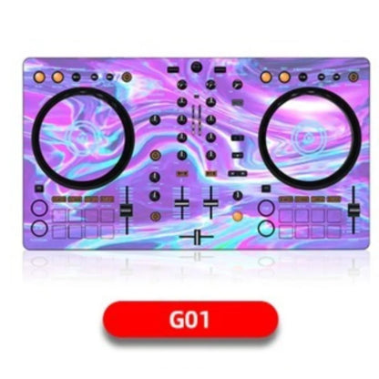 Vibrant purple and blue ddj400 controller disc with holographic film panel protection sticker skin and gold knobs design