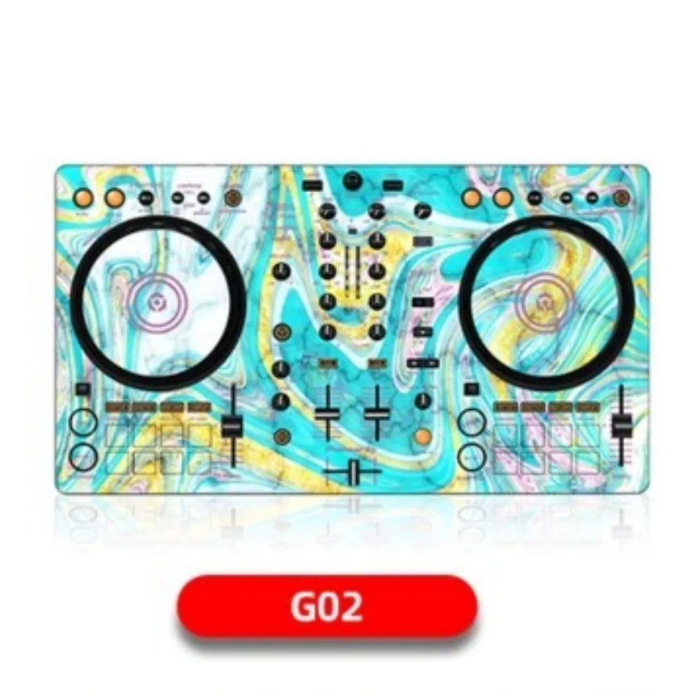 A vibrant turquoise and yellow ddj400 controller disc with black jog wheels featuring film panel protection sticker skin