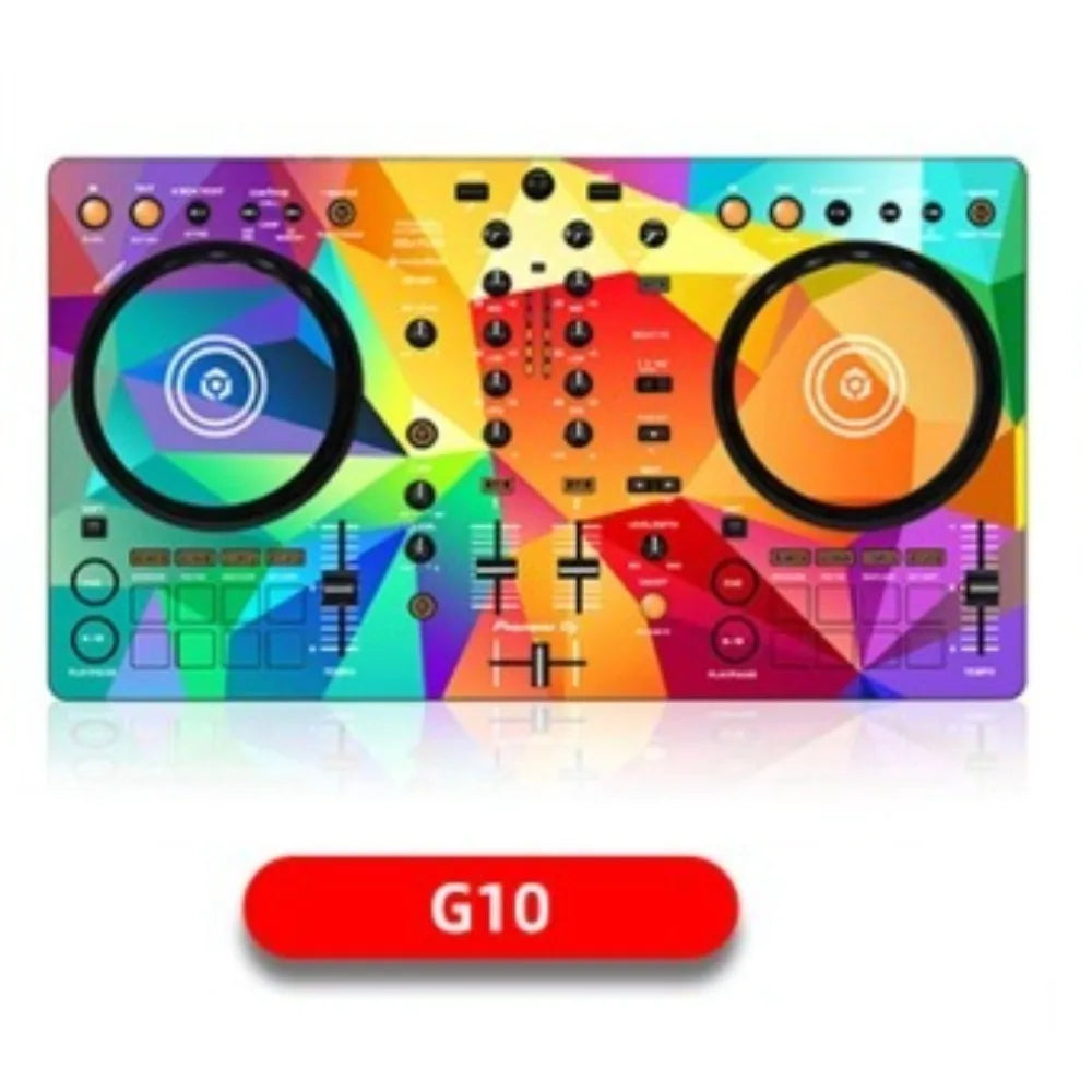 Vibrant rainbow geometric-patterned g10 ddj400 controller disc with film panel protection sticker skin and black jog wheels