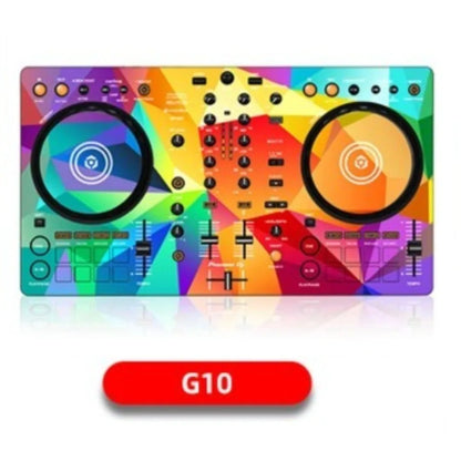 Vibrant rainbow geometric-patterned g10 ddj400 controller disc with film panel protection sticker skin and black jog wheels