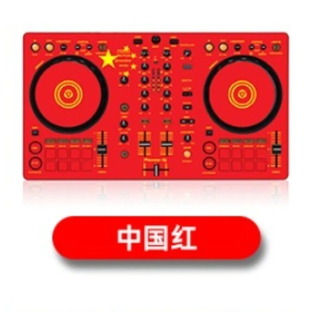 Red ddj400 controller disc with black jog wheels and yellow accents featuring film panel protection sticker skin