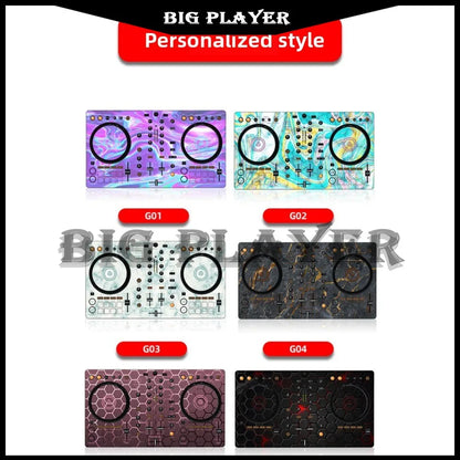 Four personalized ddj400 controller disc film panel protection sticker skins with vibrant swirls and elegant marble designs