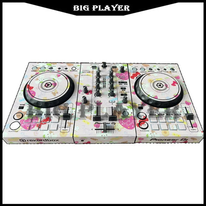 White pioneer ddj400 controller disc with pink and black floral film panel protection sticker skin on surface