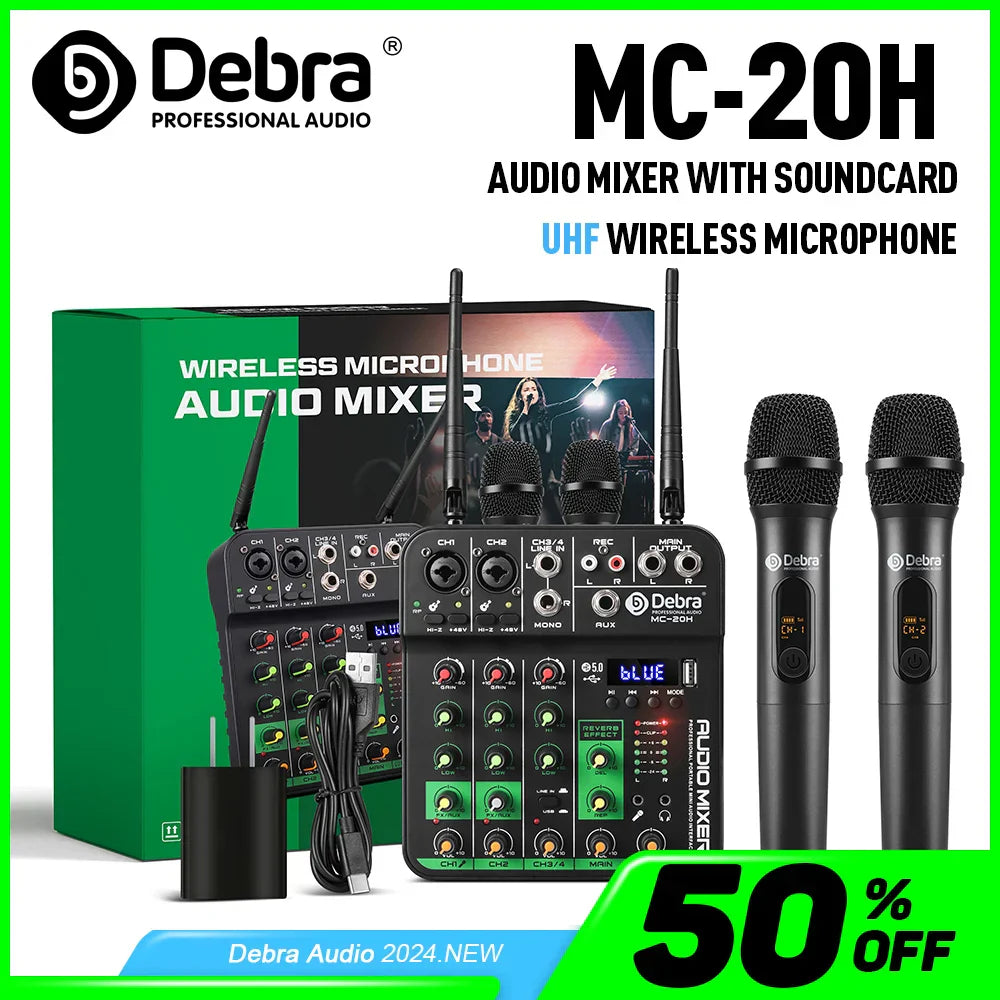 Black debra mc-20h 4 channel audio mixer uhf with soundcard and two uhf wireless microphones mixing console bluetooth
