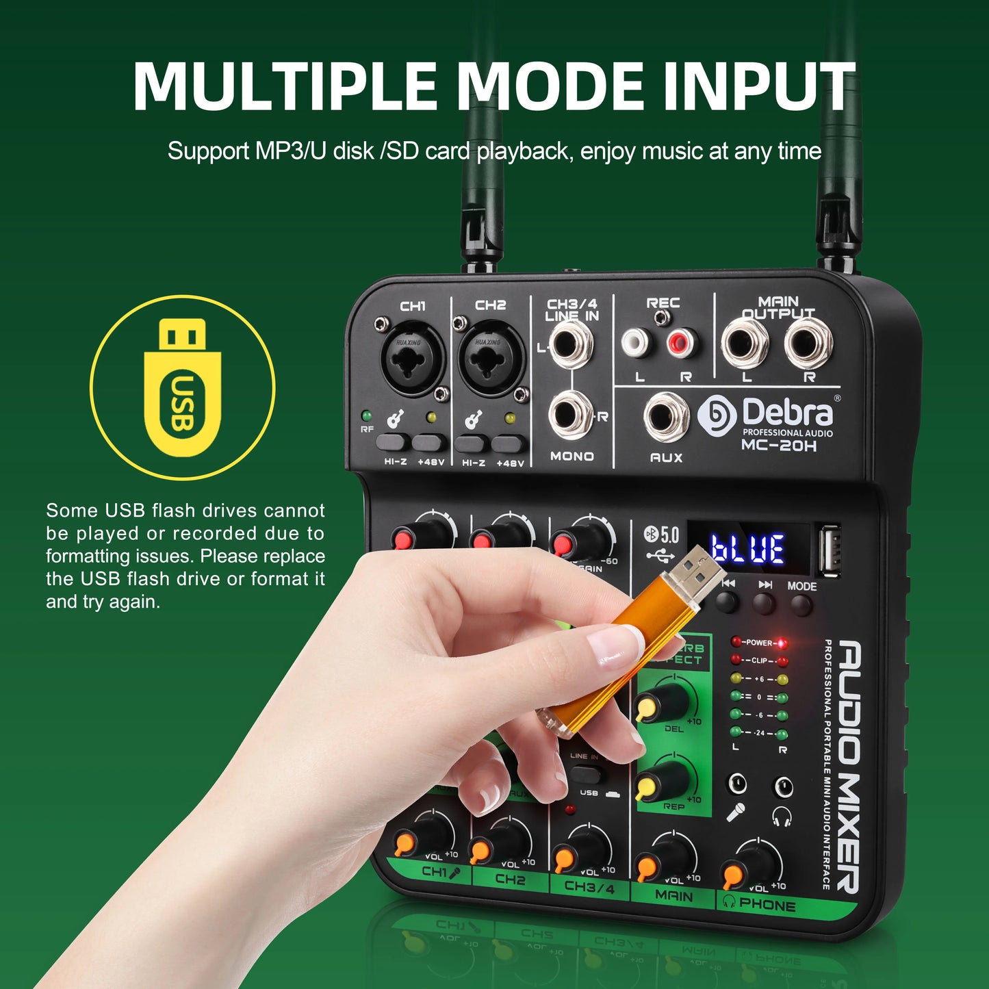 Black debra mc-20h professional audio mixer uhf with multiple input ports and usb flash drive in microphone audio interface port