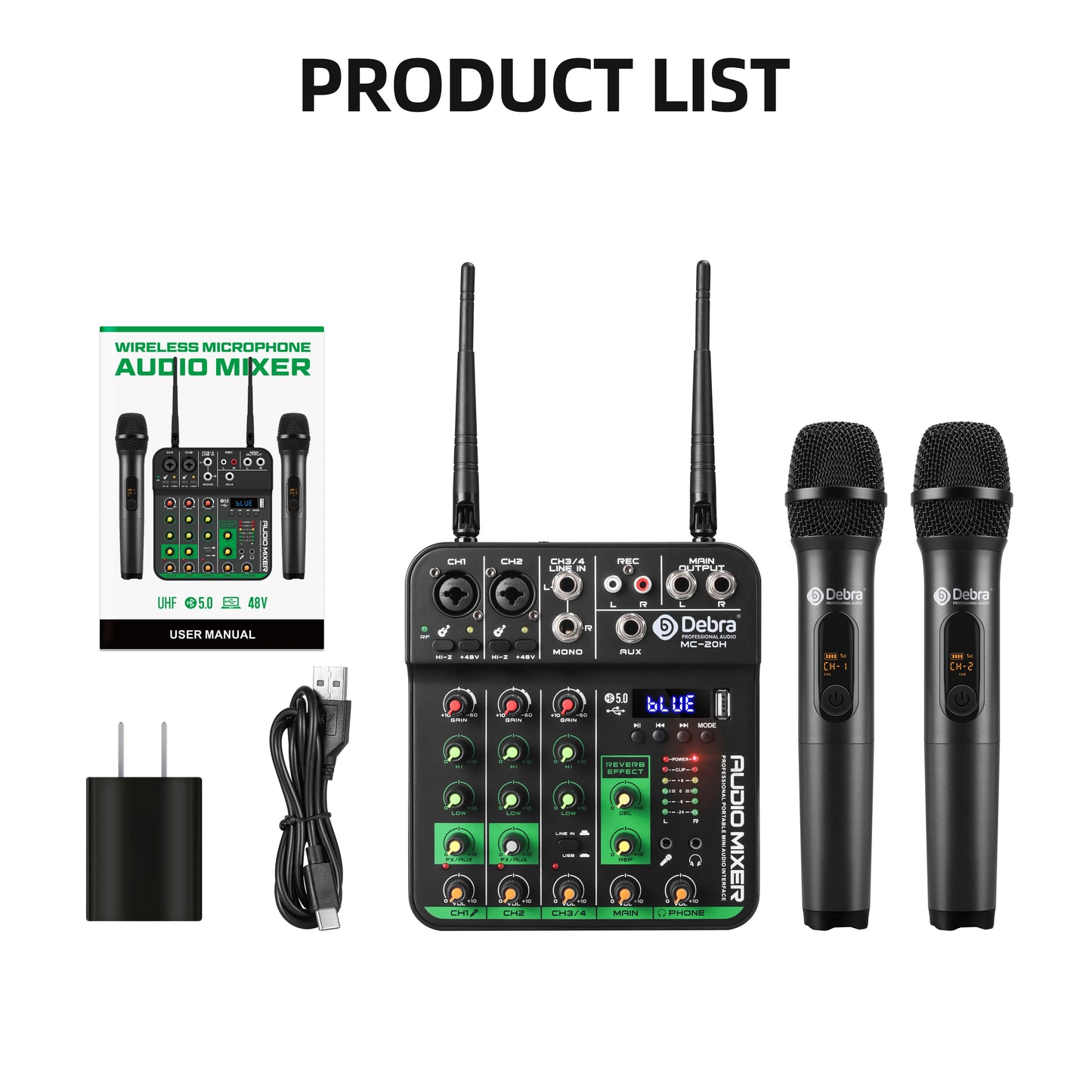 Black debra mc-20h wireless audio mixer uhf with green accents and two handheld microphones mixing console bluetooth