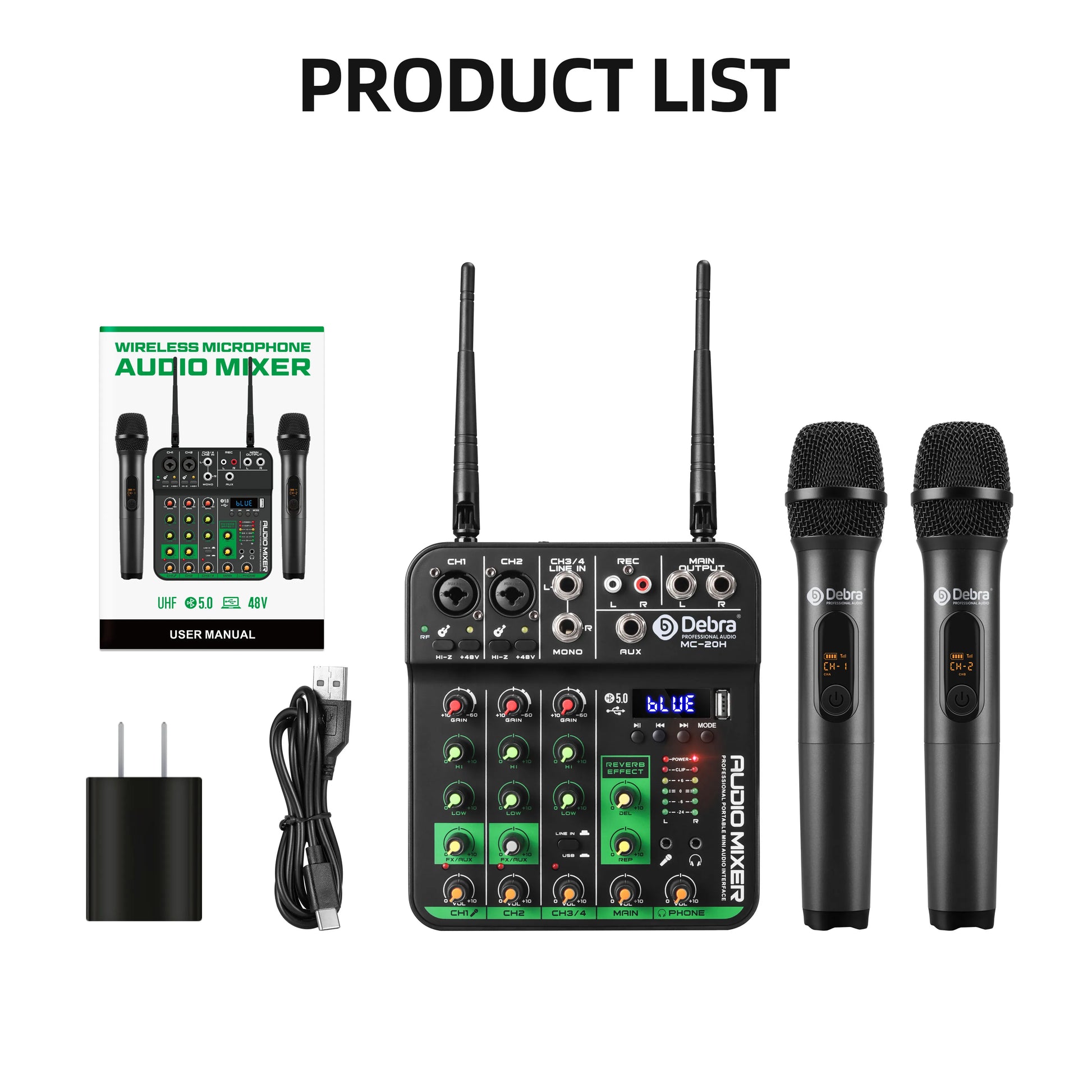 Black debra mc-20h wireless audio mixer uhf with green accents and two handheld microphones mixing console bluetooth