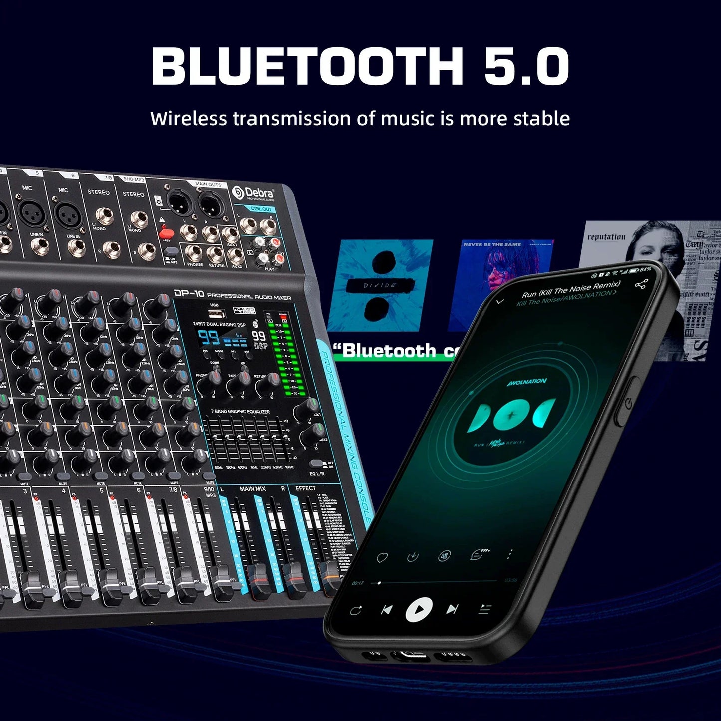 Black debra dp-10 dsp audio mixer dj controller with blue accent lighting and smartphone showing bluetooth 5.0 connectivity for reverb recording mixing