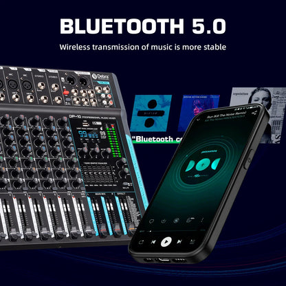 Black debra dp-10 dsp audio mixer dj controller with blue accent lighting and smartphone showing bluetooth 5.0 connectivity for reverb recording mixing