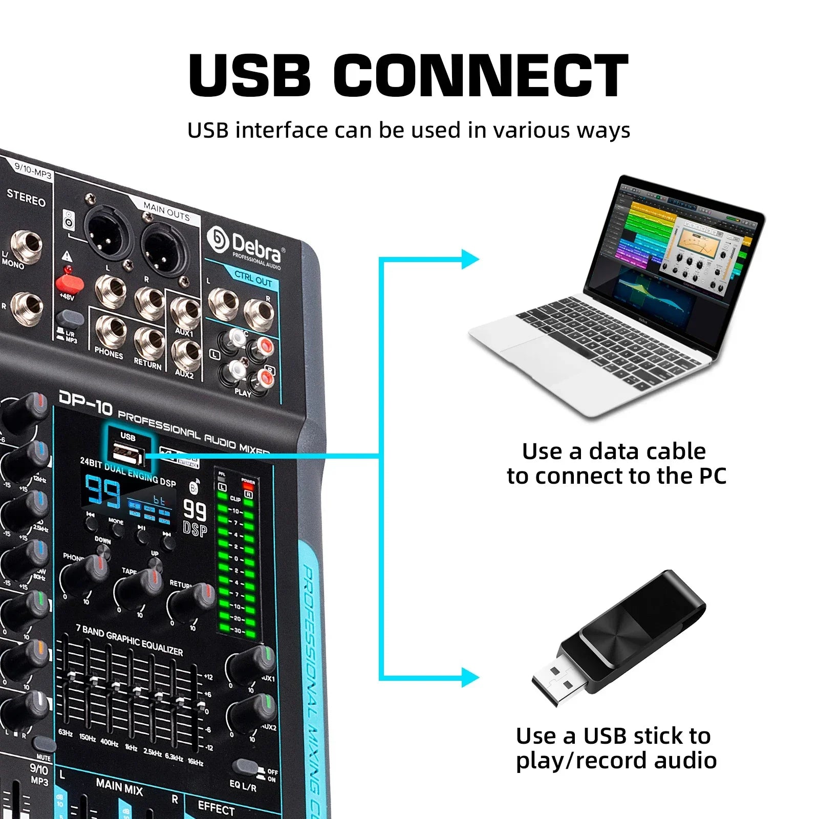 Black debra dp-10 dsp audio mixer dj controller with silver knobs and green led displays for reverb recording mixing