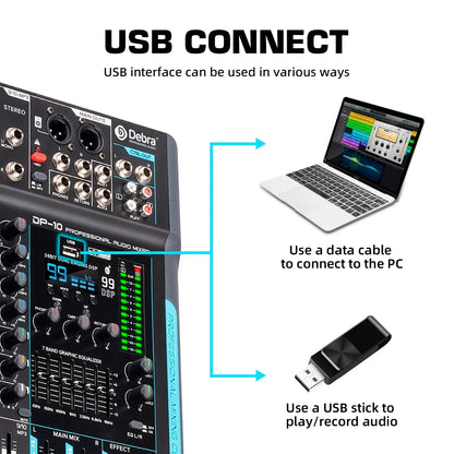 Black debra dp-10 dsp audio mixer dj controller with silver knobs and green led displays for reverb recording mixing