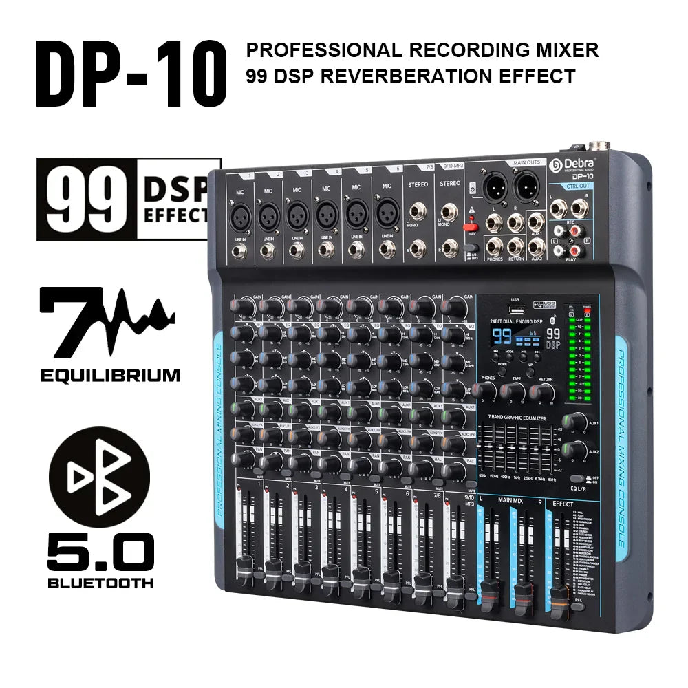 Black debra dp-10 dsp audio mixer dj controller with 99 reverb recording mixing effects and bluetooth 5.0 connectivity