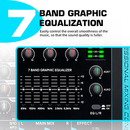 Black 7-band graphic equalizer with white markings and green led indicators on debra 99 dsp audio mixer for reverb recording mixing