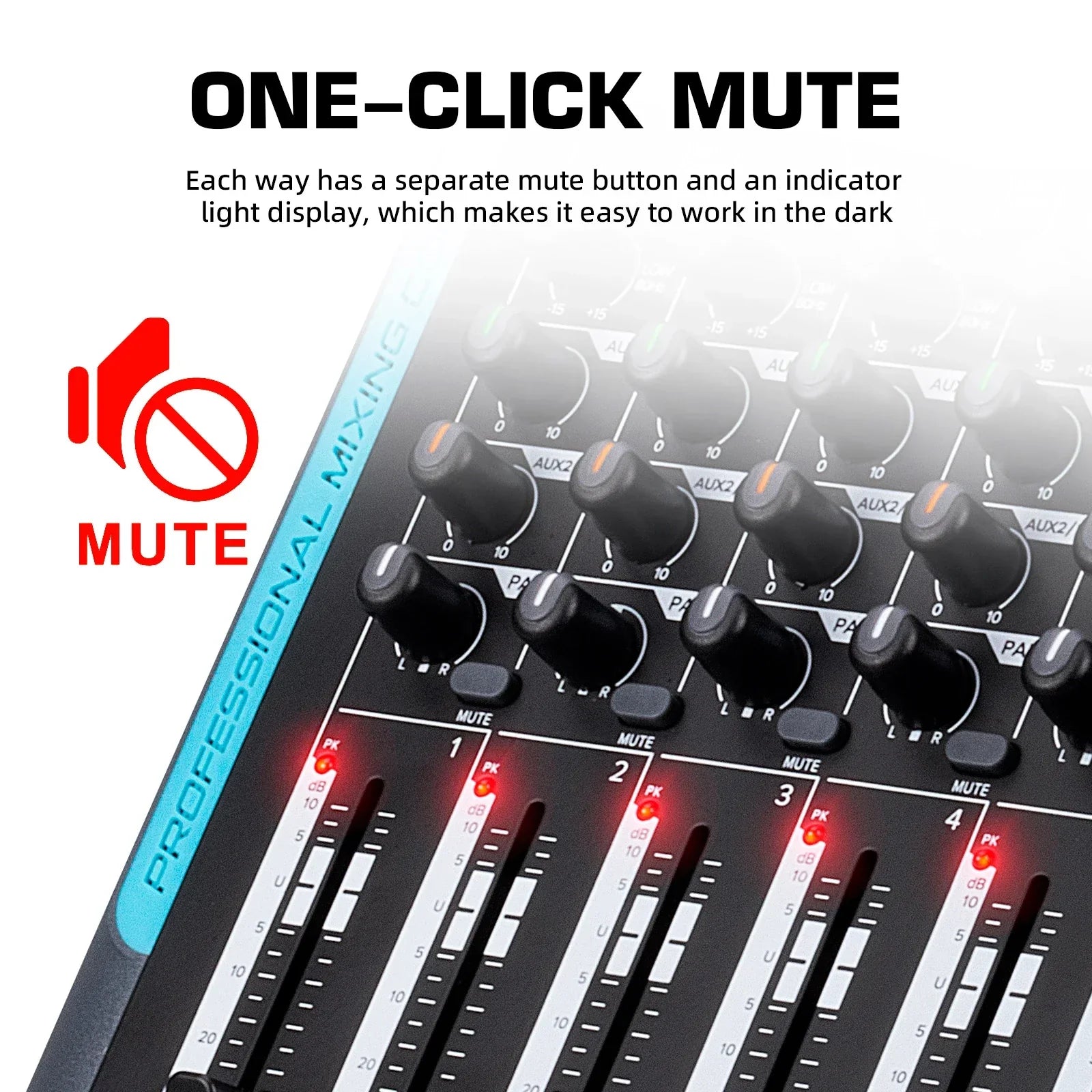 Black dsp audio mixer with black knobs and red led indicators for reverb recording mixing and mixer dj controller use