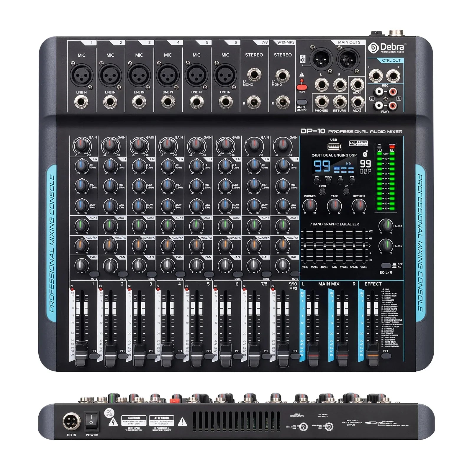 Black deba dp-10 dsp audio mixer dj controller with 10 channels reverb recording mixing and bluetooth 5.0 connectivity