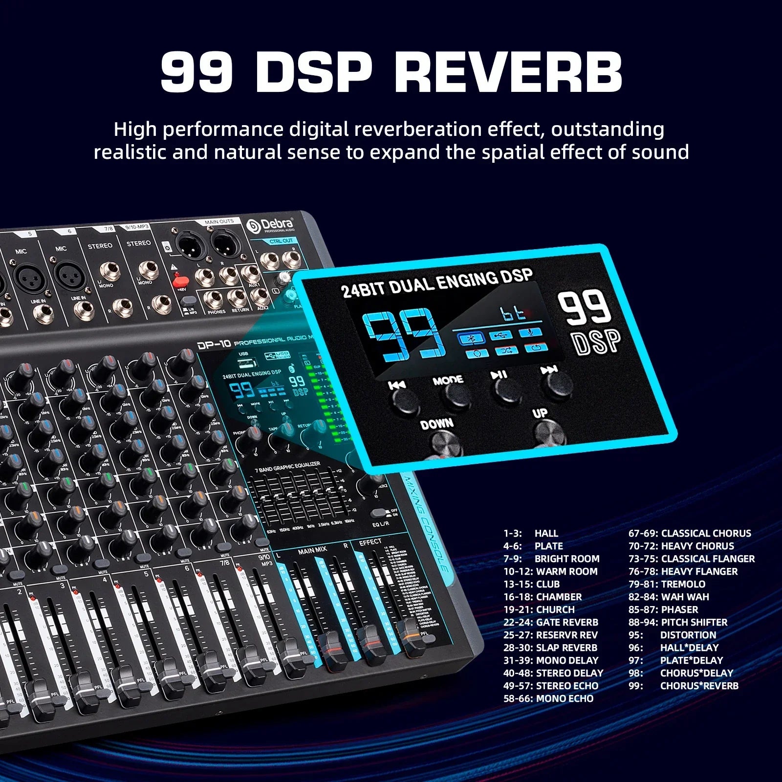Black and teal debra dp-10 dsp audio mixer dj controller with 99 reverb effects for recording mixing and bluetooth 5.0