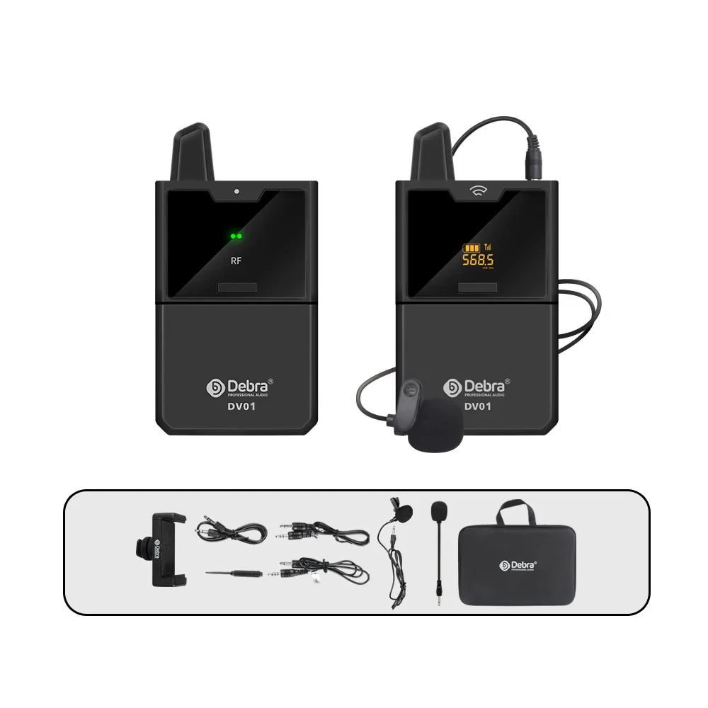 Black debra dv01 uhf wireless lavalier microphone system with digital display and accessories for live recording interview