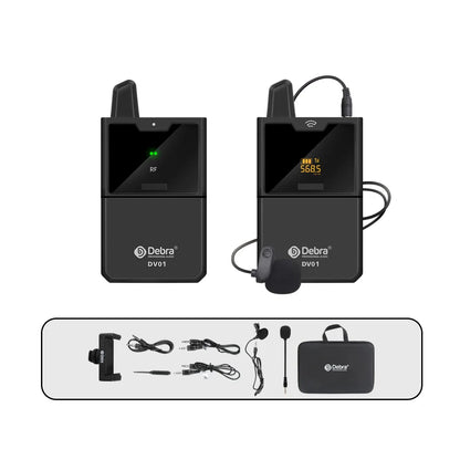 Black debra dv01 uhf wireless lavalier microphone system with digital display and accessories for live recording interview