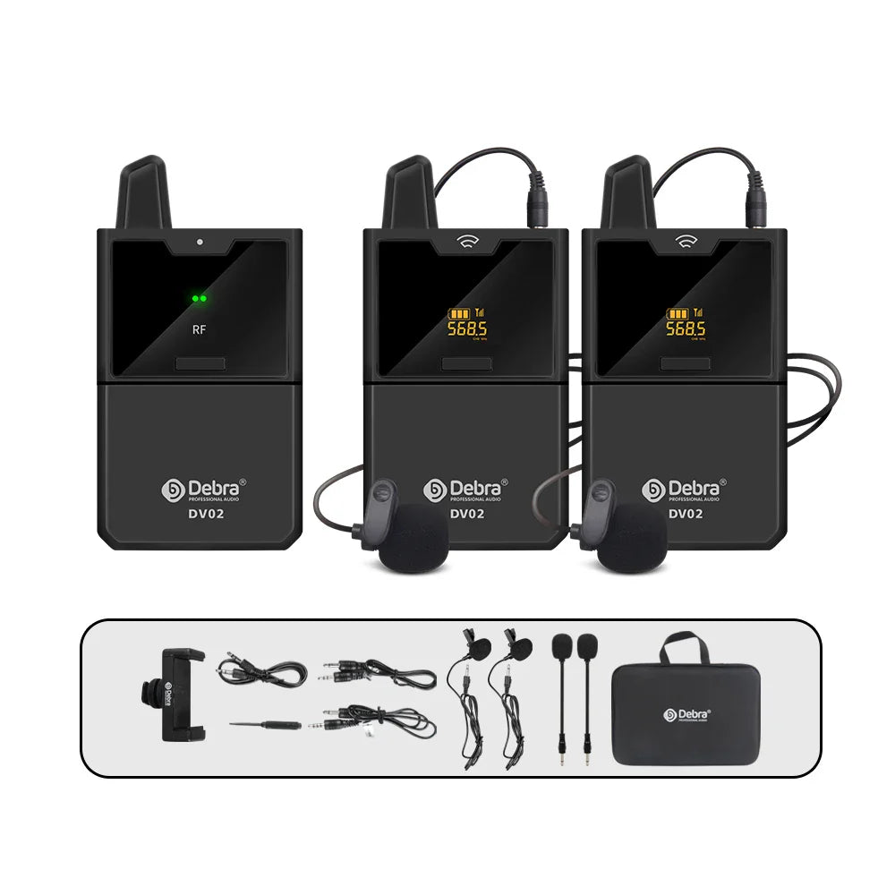 Black debra dv02 uhf wireless lavalier microphone system with digital displays and accessories for live recording interview