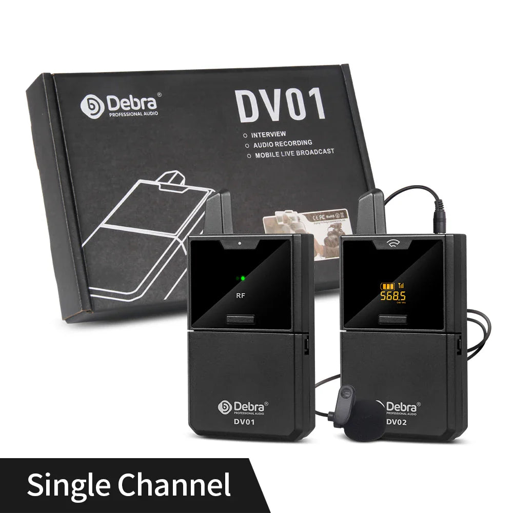 Black debra dv01 uhf wireless lavalier microphone system with digital displays and lav mic for live recording interview