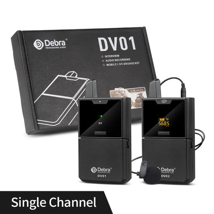 Black debra dv01 uhf wireless lavalier microphone system with digital displays and lav mic for live recording interview