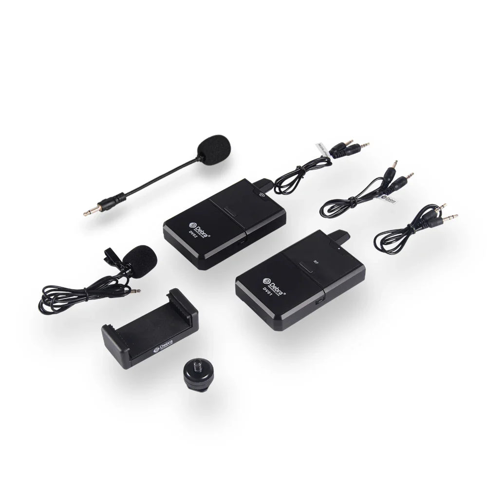 Black d-link uhf wireless lavalier microphone system with two transceivers for live recording interview and dslr use
