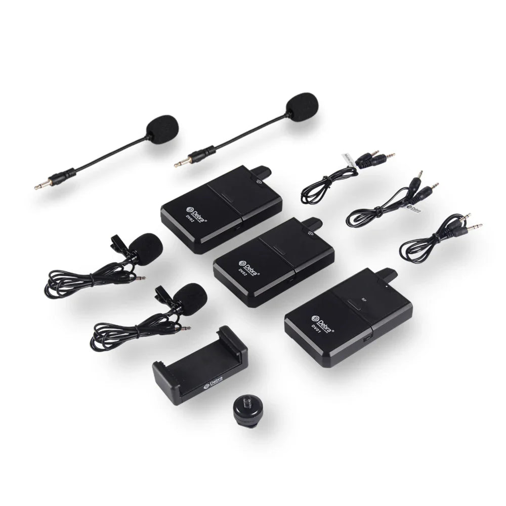 Set of three black Debra Audio DV uhf wireless lavalier microphones with receivers and cables for live recording interview