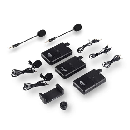 Set of three black Debra Audio DV uhf wireless lavalier microphones with receivers and cables for live recording interview