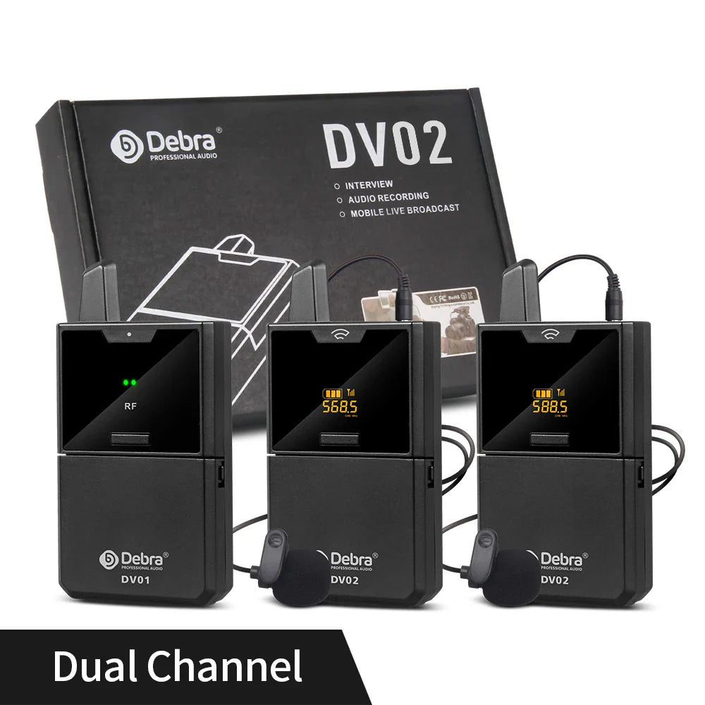 Black debra dv02 uhf wireless lavalier microphone system with digital displays and lavalier mics for live recording interview
