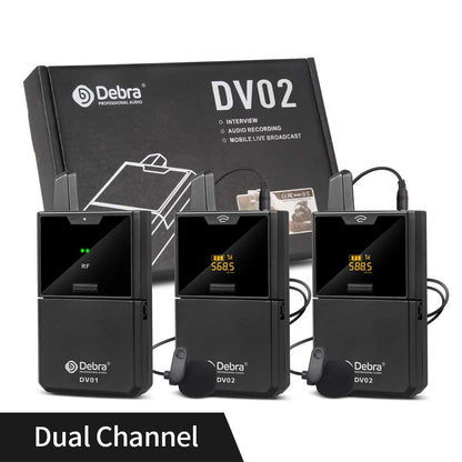 Black debra dv02 uhf wireless lavalier microphone system with digital displays and lavalier mics for live recording interview
