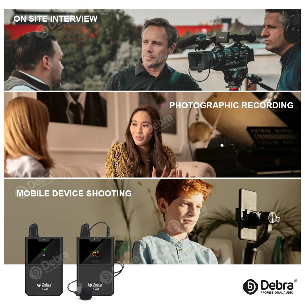 Black debra dv01 uhf wireless lavalier microphone with digital display compact design for live recording interview