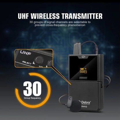 Black Debra DV02 UHF wireless lavalier microphone transmitter with digital display and knobs for live recording interview