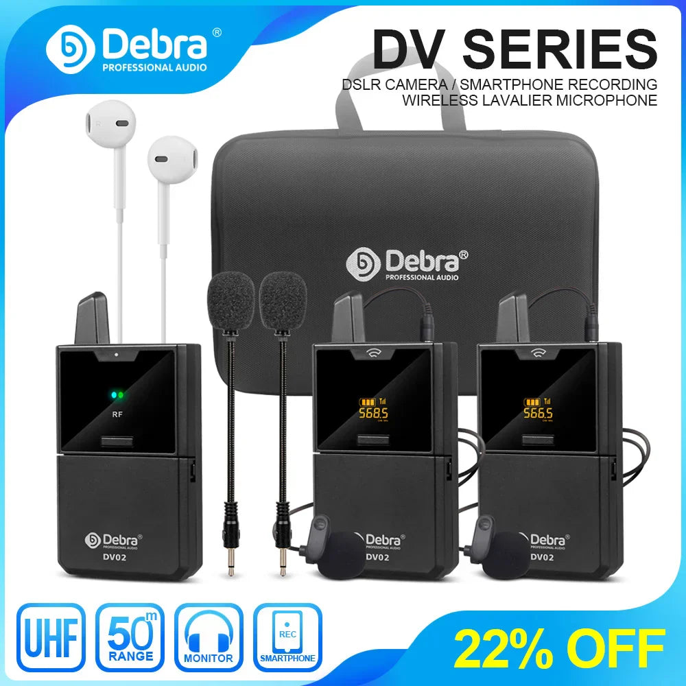 Black debra dv02 uhf wireless lavalier microphone system with digital displays and carrying case for live recording interview
