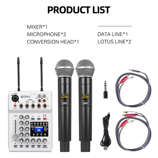 Black wireless microphones with silver mesh grilles and digital displays for debra audio sound console mixer recording dj network
