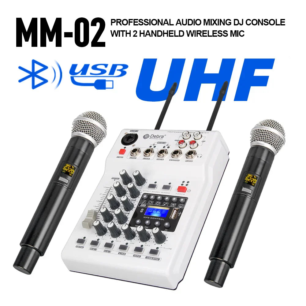 White debra audio sound card dj console mixer with two black wireless microphones for recording dj network and live karaoke