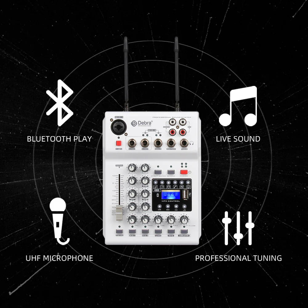 White debra audio sound console mixer with two antennas and digital display for recording dj network and live karaoke