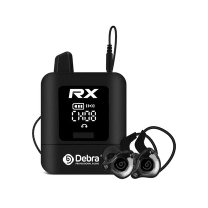 Black Debra Audio Stereo UHF IEM wireless in-ear monitor system with glossy finish and digital display for monitoring live broadcast