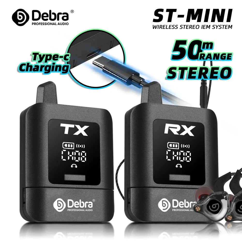 Black debra audio stereo uhf iem wireless transmitter and receiver units with digital displays for monitoring live broadcast
