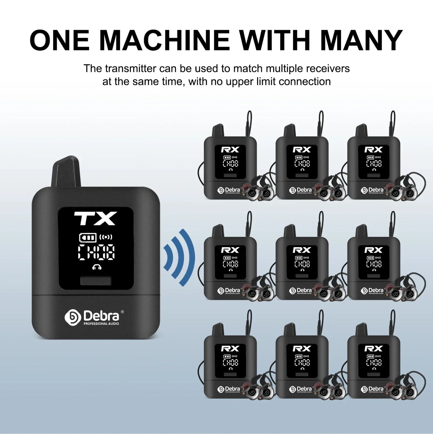 Black debra audio stereo uhf iem wireless transmitter with digital display and multiple receivers for monitoring live broadcast