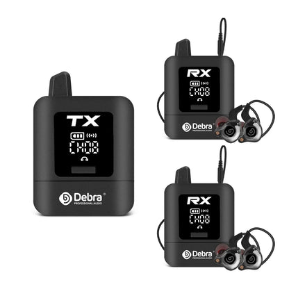 Black debra audio stereo uhf iem wireless lavalier microphone system with digital display and earpiece for monitoring live broadcast