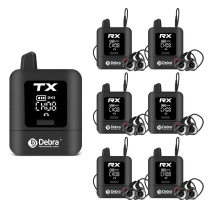 Black debra audio stereo uhf iem wireless lavalier microphone system with tx rx units and earpieces for monitoring live broadcast