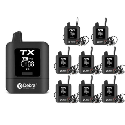 Black debra audio stereo uhf iem wireless lavalier microphone system with tx transmitter and six rx headset receivers for live broadcast monitoring