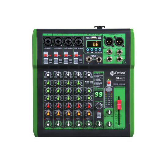Green and black debora di pro mixer audio with colorful knobs and usb mp3 input for home karaoke live use