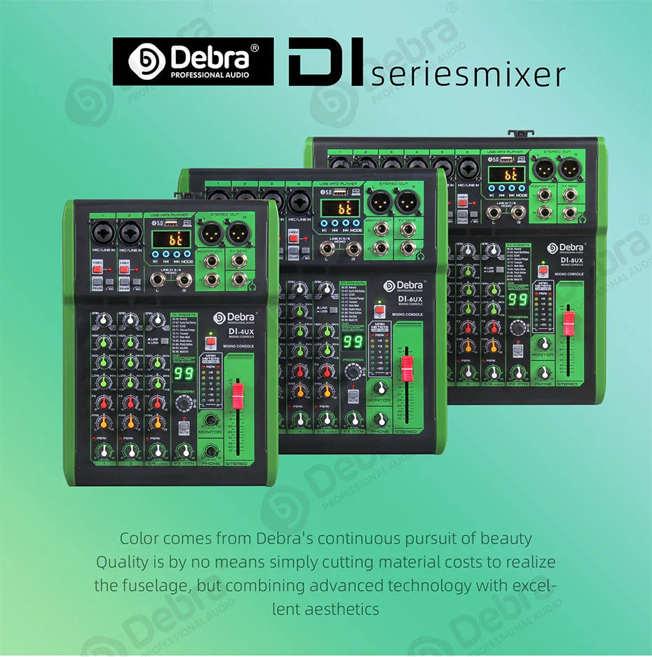 Green and black debora di pro mixer audio with digital displays knobs usb mp3 input for home karaoke live broadcast